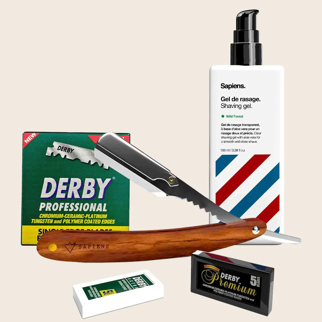 Rasoir de Barbier Bois + 100 lames + Gel de rasage - Sapiens