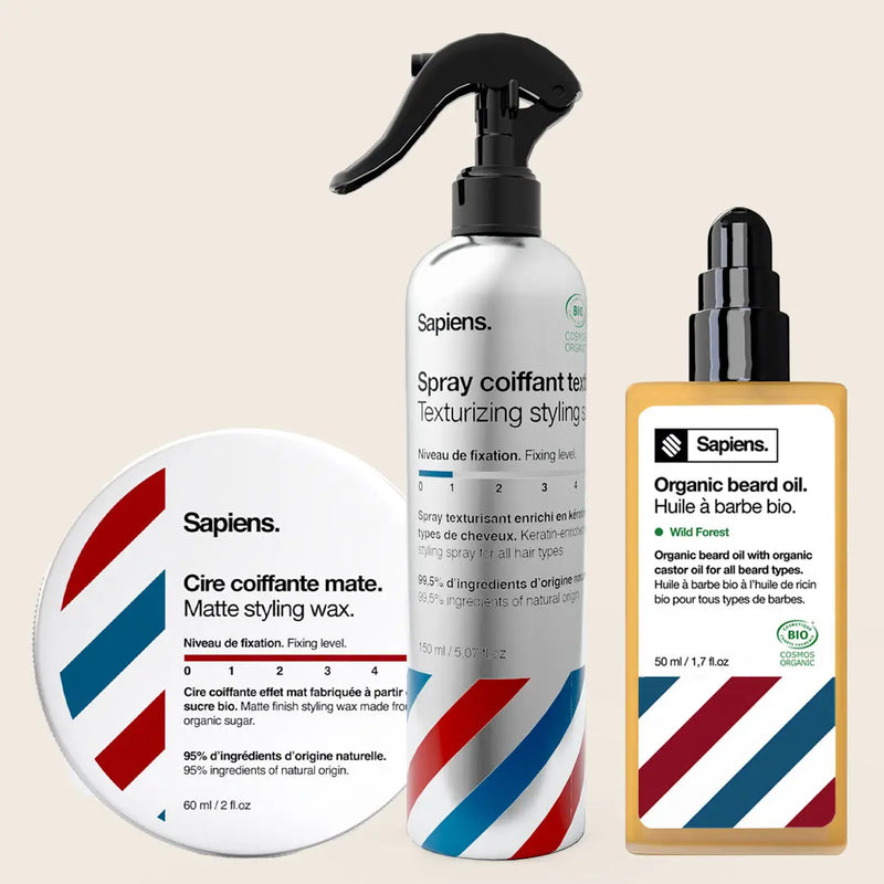 Cire Mate + Spray Coiffant + Huile à Barbe - Sapiens